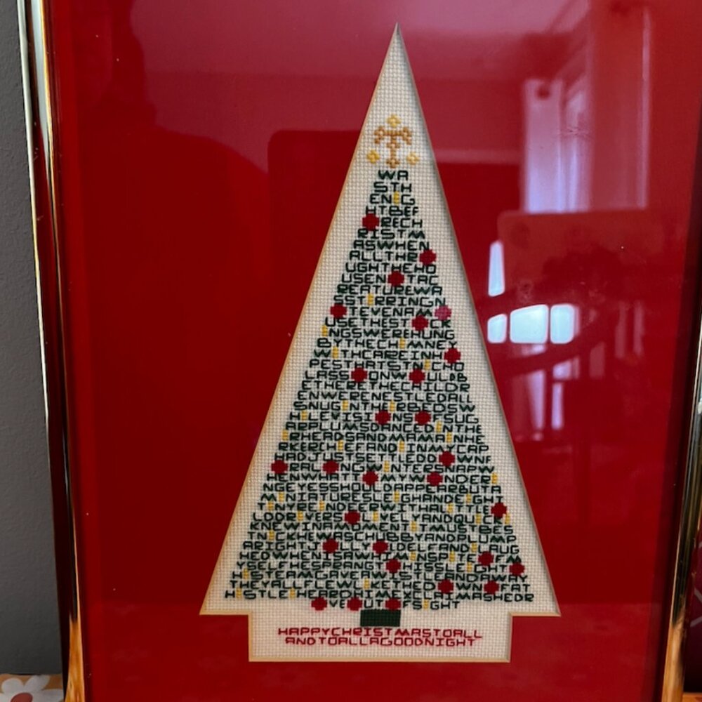 Framed Cross Stitch Christmas Tree Twas Night Before Christmas Words Wall Decor